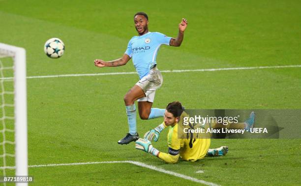 Raheem Sterling of Manchester City beats Brad Jones of Feyenoord to score the opening goal during the UEFA Champions League group F match between...