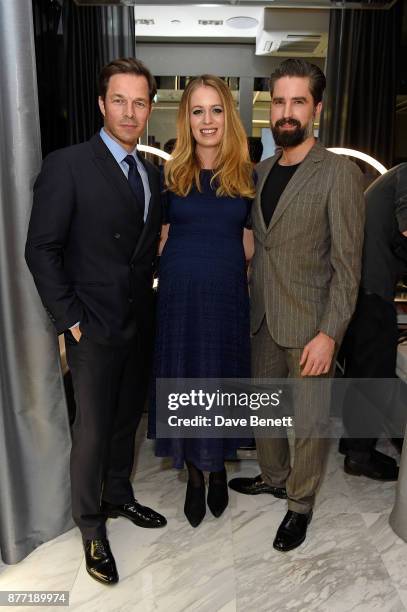 Paul Sculfor, Federica Amati and Jack Guinness attend the men's grooming event for the opening of the first TOM FORD global beauty store in Covent...