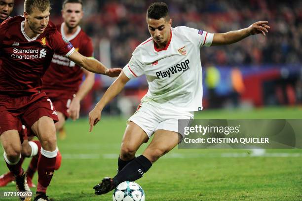 Sevilla's French forward Wissam Ben Yedder controls the ball on November 21, 2017 at the Ramon Sanchez Pizjuan stadium in Sevilla during the UEFA...