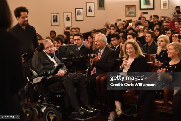 Professor Stephen Hawking addressing The Cambridge Union on November 21, 2017 in Cambridge, Cambridgeshire.