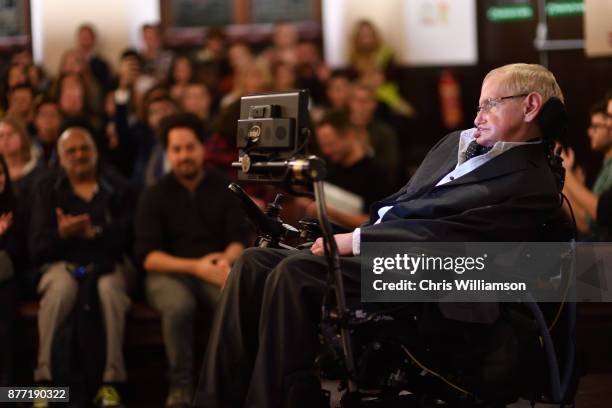 Professor Stephen Hawking addressing The Cambridge Union on November 21, 2017 in Cambridge, Cambridgeshire.