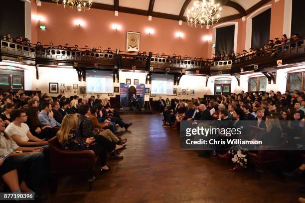 Professor Stephen Hawking addressing The Cambridge Union on November 21, 2017 in Cambridge, Cambridgeshire.