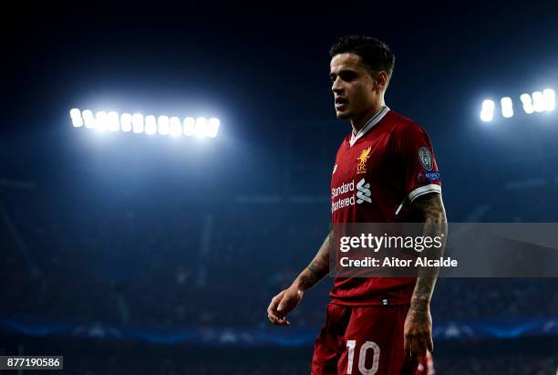 Philippe Coutinho of Liverpool FC reacts during the UEFA Champions League group E match between Sevilla FC and Liverpool FC at Estadio Ramon Sanchez...