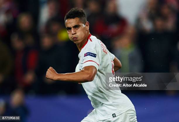 Wissam Ben Yedder of Sevilla FC celebrates after scoring a goal during the UEFA Champions League group E match between Sevilla FC and Liverpool FC at...