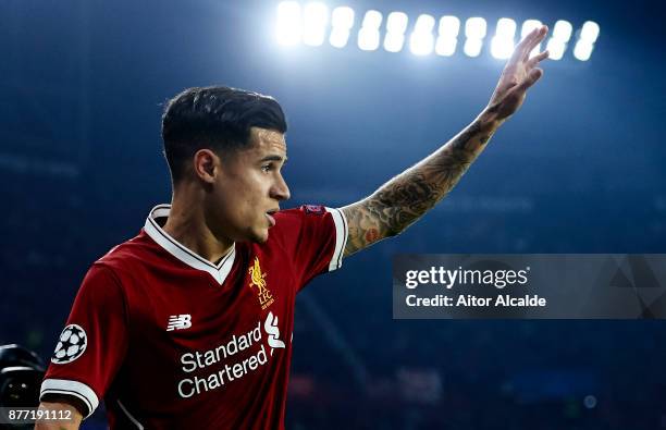 Philippe Coutinho of Liverpool FC reacts during the UEFA Champions League group E match between Sevilla FC and Liverpool FC at Estadio Ramon Sanchez...