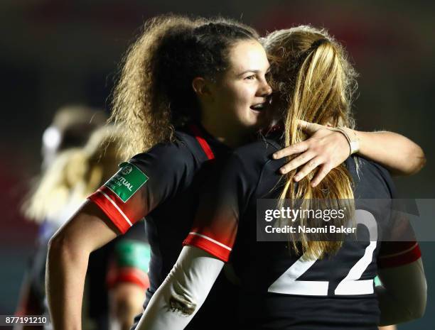 Ellie Kildunne of England celebrates after scoring a try with Zoe Harrison of England during the Old Mutual Wealth Series match between England Women...