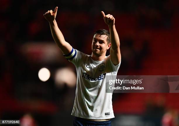 Paul Huntington of Preston North End celebrates his side's victory following the Sky Bet Championship match between Bristol City and Preston North...