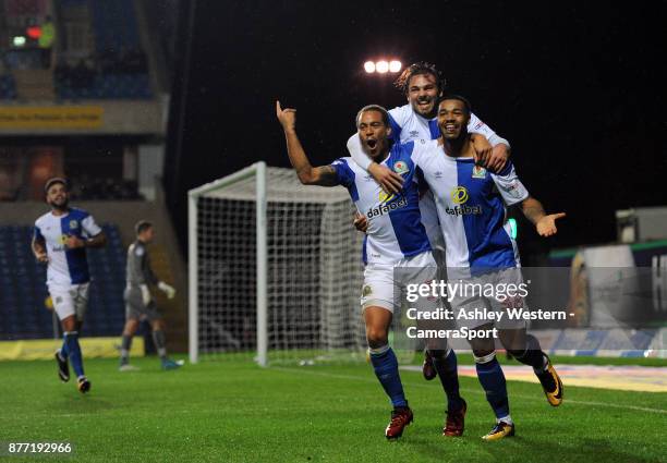 Blackburn Rovers' Joe Nuttall celebrates scoring his side's fourth goal with Elliott Bennett and Bradley Dack during the Sky Bet League One match...