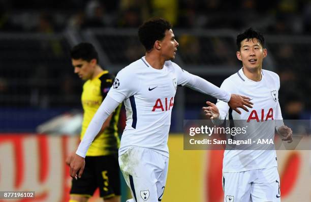 Heung-Min Son of Tottenham Hotspur celebrates after scoring a goal to make it 1-2 during the UEFA Champions League group H match between Borussia...