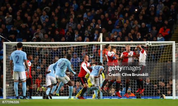 Yaya Toure of Manchester City shoots from a free kick during the UEFA Champions League group F match between Manchester City and Feyenoord at Etihad...