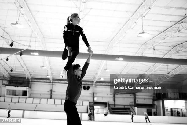 Australian figure skater Harley Windsor and his skating partner Ekaterina Alexandrovskaya practice lifts during their routine during a training...