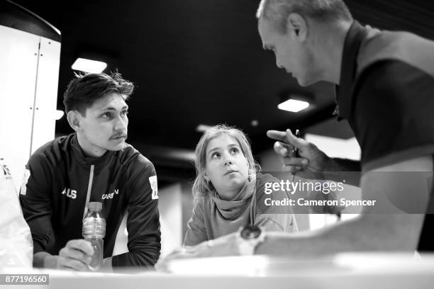 Australian figure skater Harley Windsor and his skating partner Ekaterina Alexandrovskaya talk to their NSWIS Strength and Conditioning coach Zsolt...