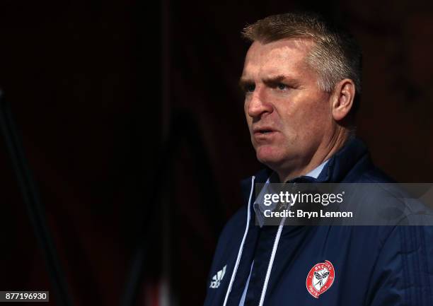 Brentford Manager Dean Smith looks on prior to the Sky Bet Championship match between Brentford and Burton Albion at Griffin Park on November 21,...