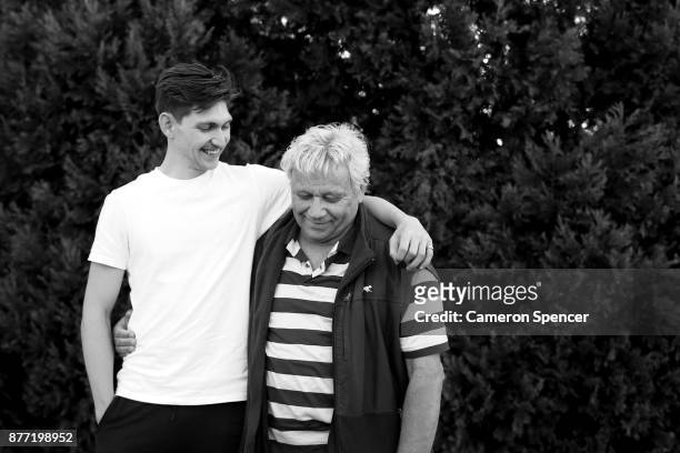 Australian figure skater Harley Windsor poses with his father Peter Dahlstrom at his home in Rooty Hill on August 16, 2017 in Sydney, Australia....