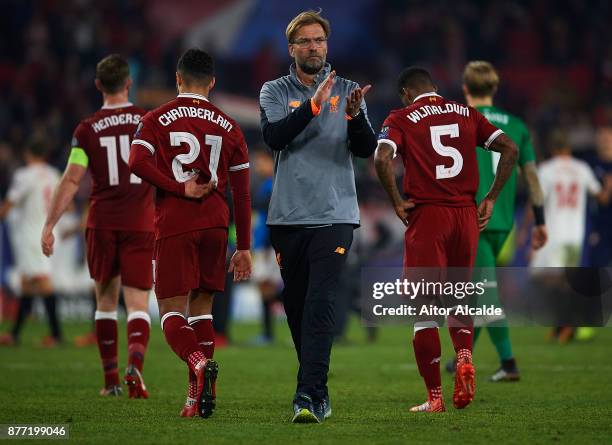 Jurgen Klopp of Liverpool FC waves to the fans after the end of the UEFA Champions League group E match between Sevilla FC and Liverpool FC at...