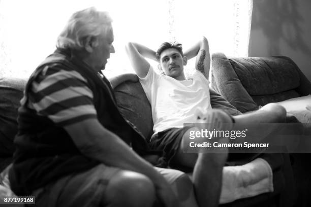 Australian figure skater Harley Windsor talks to his father, Peter Dahlstrom at his home in Rooty Hill on August 16, 2017 in Sydney, Australia....