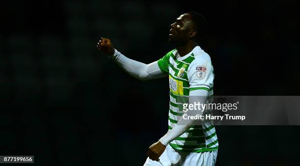 Francois Zoko of Yeovil Town celebrates his sides first goal during the Sky Bet League Two match between Yeovil Town and Notts County at Huish Park...