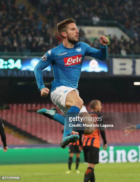 Dries Mertens of Napoli celebrates after scoring his team's third goal during the UEFA Champions League group F match between SSC Napoli and Shakhtar...