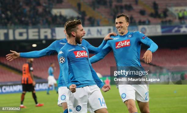 Dries Mertens of Napoli celebrates after scoring his team's third goal during the UEFA Champions League group F match between SSC Napoli and Shakhtar...