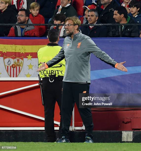 Jurgen Klopp manager of Liverpool reacts during the UEFA Champions League group E match between Sevilla FC and Liverpool FC at Estadio Ramon Sanchez...