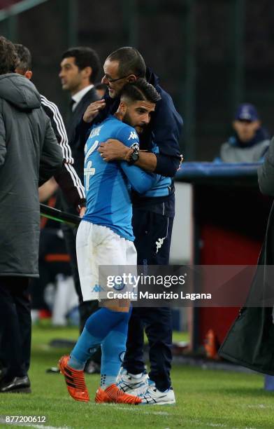 Lorenzo Insigne and Maurizio Sarri of Napoli celebrate during the UEFA Champions League group F match between SSC Napoli and Shakhtar Donetsk at...