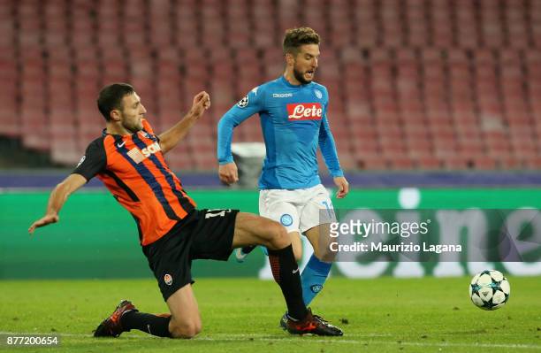 Dries Mertens of Napoli competes for the ball with Ivan Ordets of Shakhtar Donetsk during the UEFA Champions League group F match between SSC Napoli...