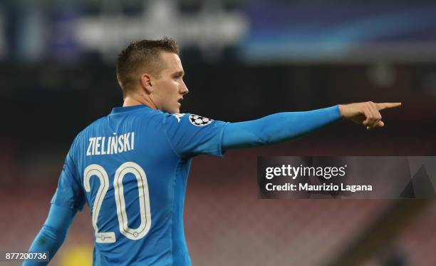 Piotr Zielinsky of Napoli celebrates after scoring his team's second goal during the UEFA Champions League group F match between SSC Napoli and...