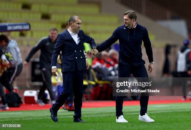 Leonardo Jardim, head coach of AS Monaco FC and Ralph Hasenhuettl, Manager of RB Leipzig shake hands after the UEFA Champions League group G match...