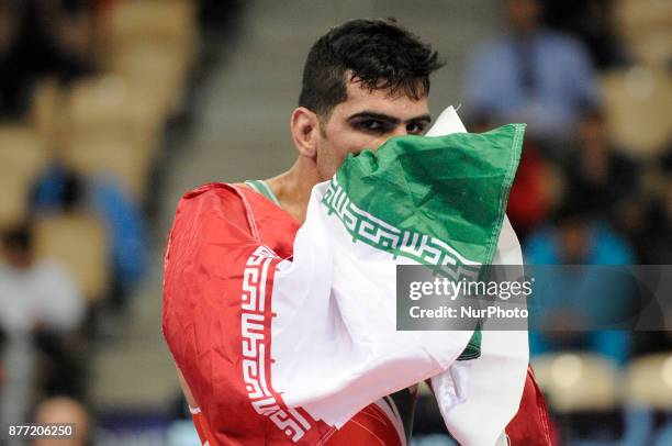 Iranian Farshad Mirahmad Belfakeh is seen after winning bronze in the 71kg group on November 21, 2017.