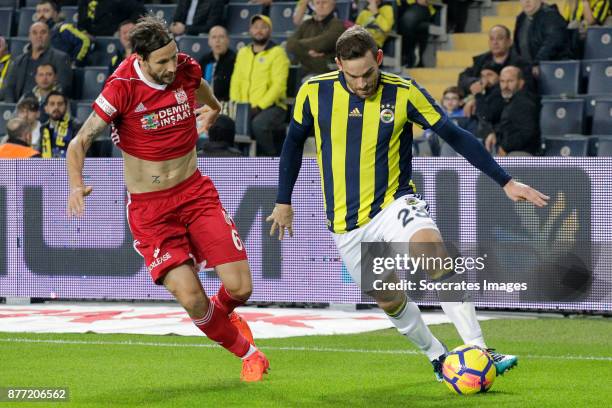 Mattias Bjarsmyr of Sivasspor, Vincent Janssen of Fenerbahce during the Turkish Super lig match between Fenerbahce v Sivasspor at the Sukru...