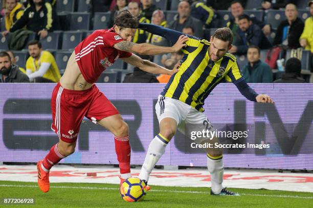 Mattias Bjarsmyr of Sivasspor, Vincent Janssen of Fenerbahce during the Turkish Super lig match between Fenerbahce v Sivasspor at the Sukru...