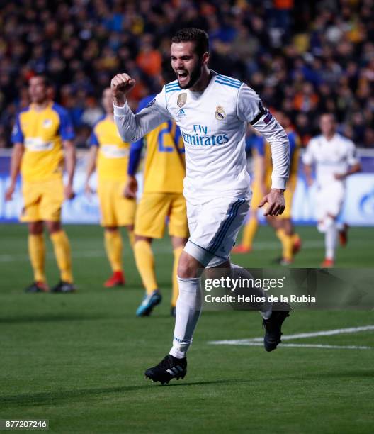 Nacho Fernandez of Real Madrid CF celebrates after scoring during the UEFA Champions League group H match between APOEL Nikosia and Real Madrid at...