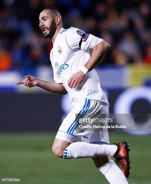 Karim Benzema of Real Madrid CF celebrates after scoring during the UEFA Champions League group H match between APOEL Nikosia and Real Madrid at GSP...