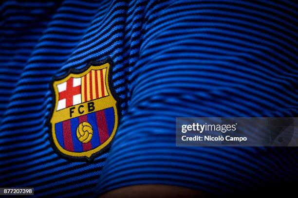 The logo of FC Barcelona is pictured during FC Barcelona press conference on the eve of the UEFA Champions League football match between Juventus FC...