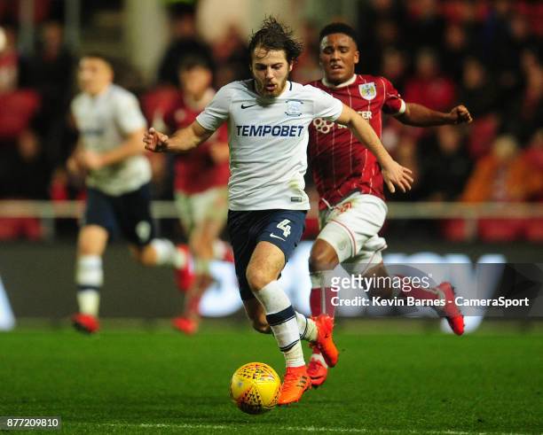 Preston North End's Ben Pearson under pressure from Bristol City's Niclas Eliasson during the Sky Bet Championship match between Bristol City and...