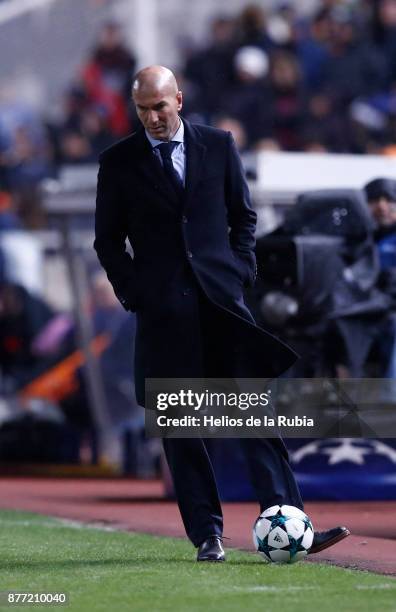 Head coach Zinedine Zidane of Real Madrid CF controls the ball during the UEFA Champions League group H match between APOEL Nikosia and Real Madrid...