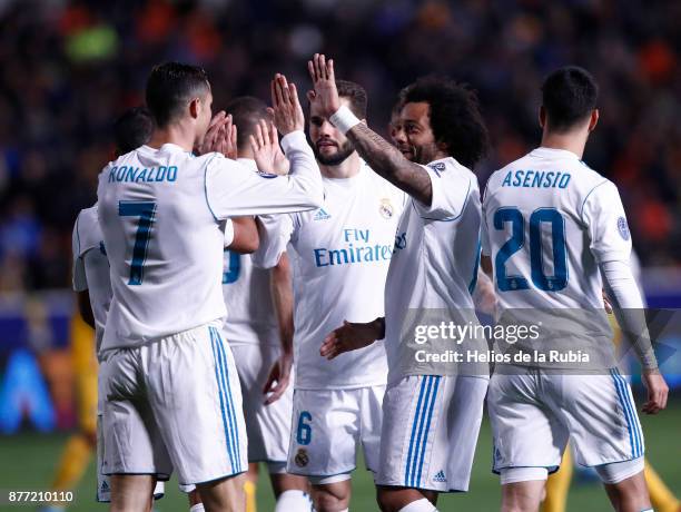 The players of Real Madrid CF celebrate after scoring during the UEFA Champions League group H match between APOEL Nikosia and Real Madrid at GSP...