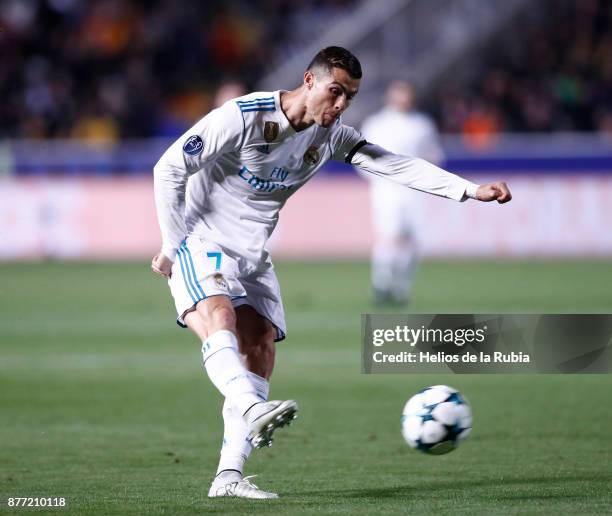 Cristiano Ronaldo of Real Madrid CF in action during the UEFA Champions League group H match between APOEL Nikosia and Real Madrid at GSP Stadium on...