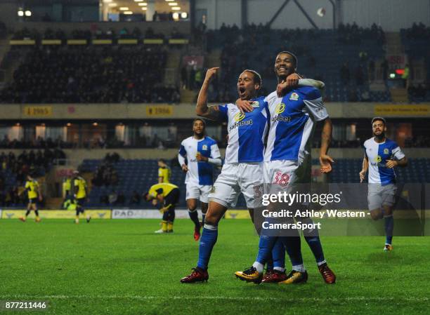 Blackburn Rovers' Joe Nuttall celebrates scoring his side's fourth goal with Elliott Bennett and Bradley Dack during the Sky Bet League One match...