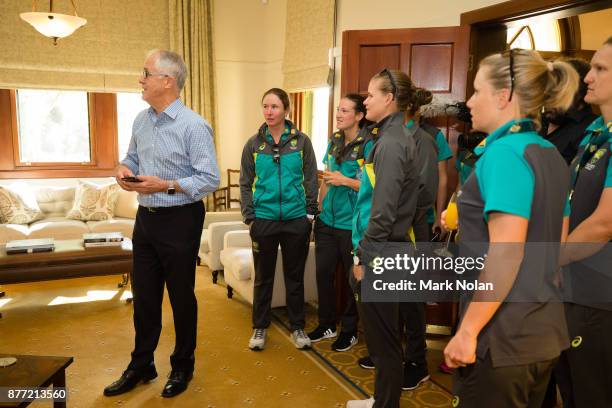 Australian Prime Minister Malcom Turnbull shows Southern Stars players around the Lodge during an Australian Women's cricket team meet and greet with...