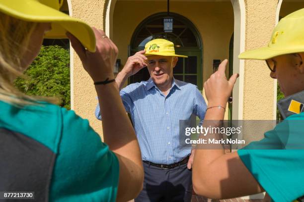 Australian Prime Minister Malcom farewells members of the Southern Stars during an Australian Women's cricket team meet and greet with the Australian...