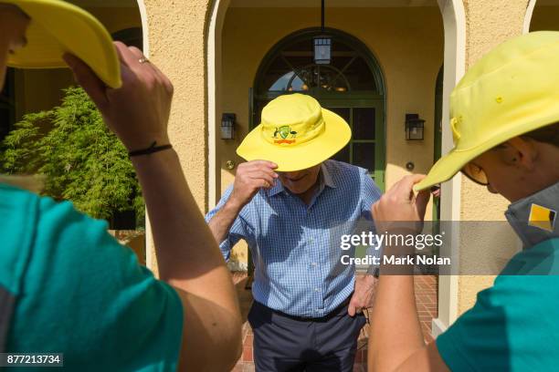 Australian Prime Minister Malcom farewells members of the Southern Stars during an Australian Women's cricket team meet and greet with the Australian...