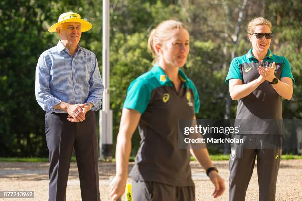 Australian Prime Minister Malcom Turnbull plays cricket with the Southern Stars during an Australian Women's cricket team meet and greet with the...