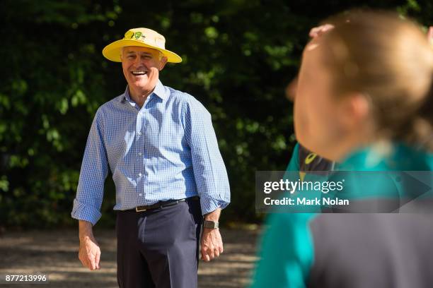 Australian Prime Minister Malcom Turnbull plays cricket with the Southern Stars during an Australian Women's cricket team meet and greet with the...