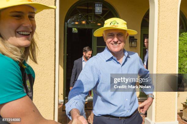 Australian Prime Minister Malcom farewells members of the Southern Stars during an Australian Women's cricket team meet and greet with the Australian...