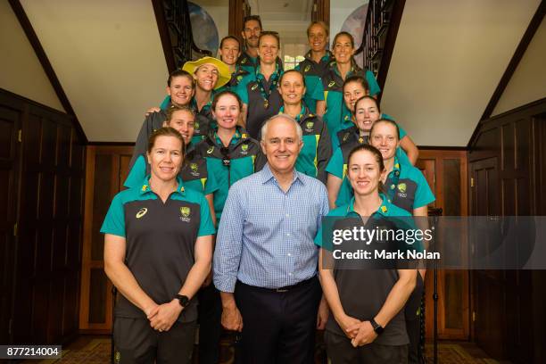 Australian Prime Minister Malcom poses for a photo with the Southern Stars during an Australian Women's cricket team meet and greet with the...