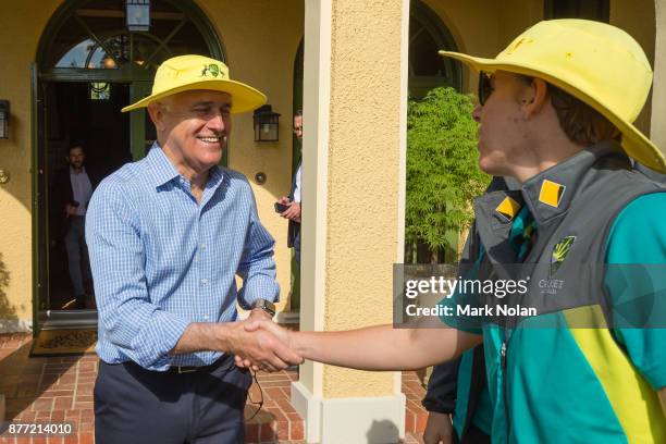 Australian Prime Minister Malcom farewells members of the Southern Stars during an Australian Women's cricket team meet and greet with the Australian...