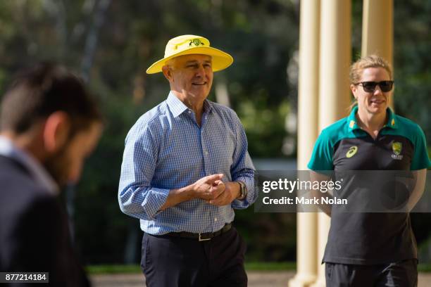 Australian Prime Minister Malcom Turnbull plays cricket with the Southern Stars during an Australian Women's cricket team meet and greet with the...