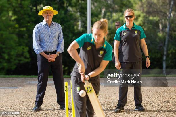 Australian Prime Minister Malcom Turnbull plays cricket with the Southern Stars during an Australian Women's cricket team meet and greet with the...