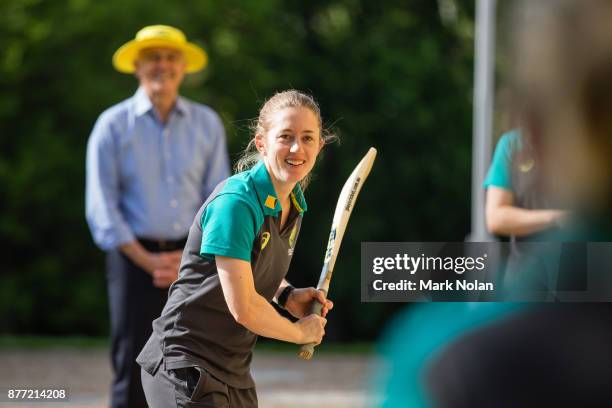 Rachael Haynes of the Southern Stars bats in a game of cricket during an Australian Women's cricket team meet and greet with the Australian Prime...